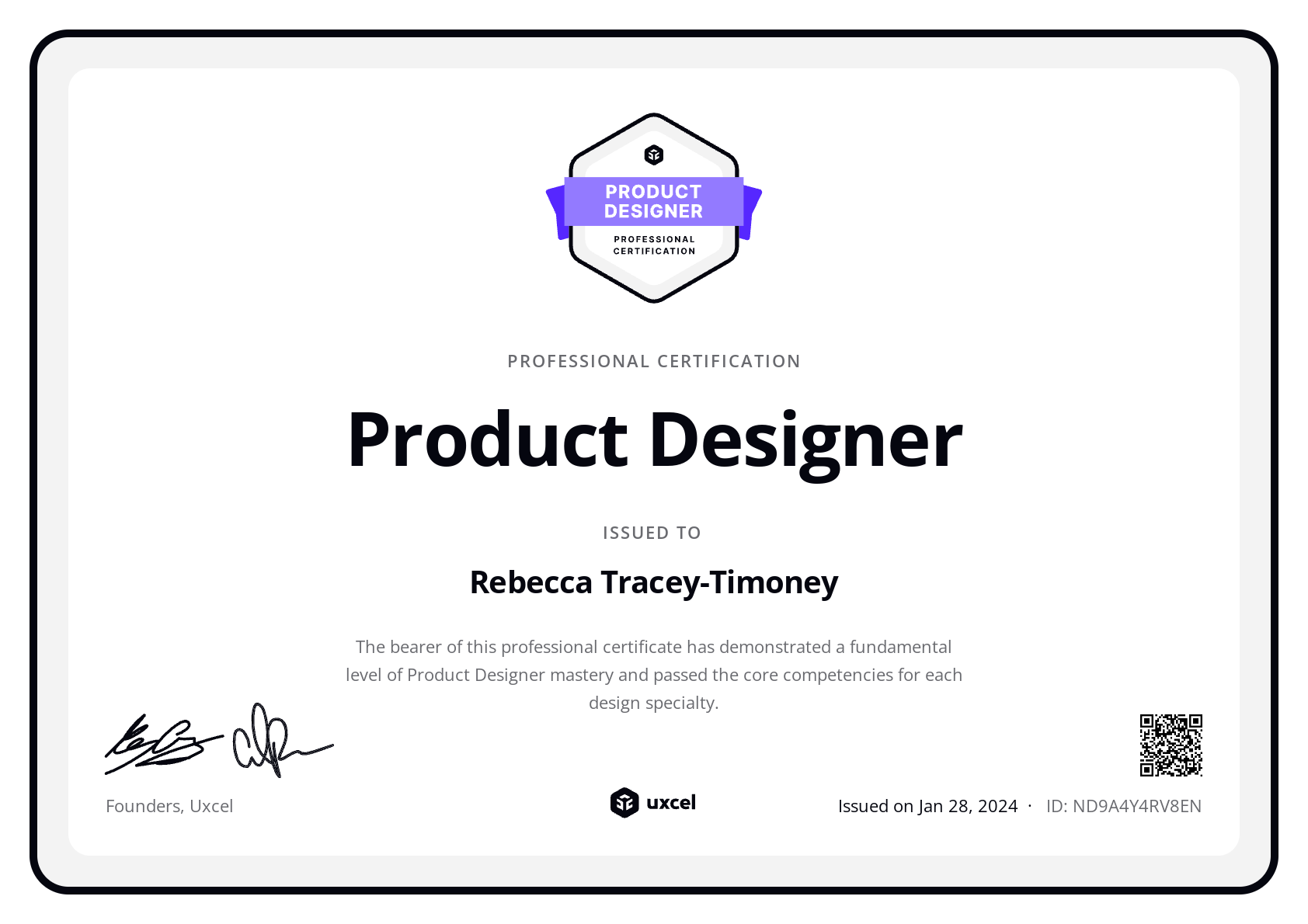 Rebecca Tracey-Timoney's certificate